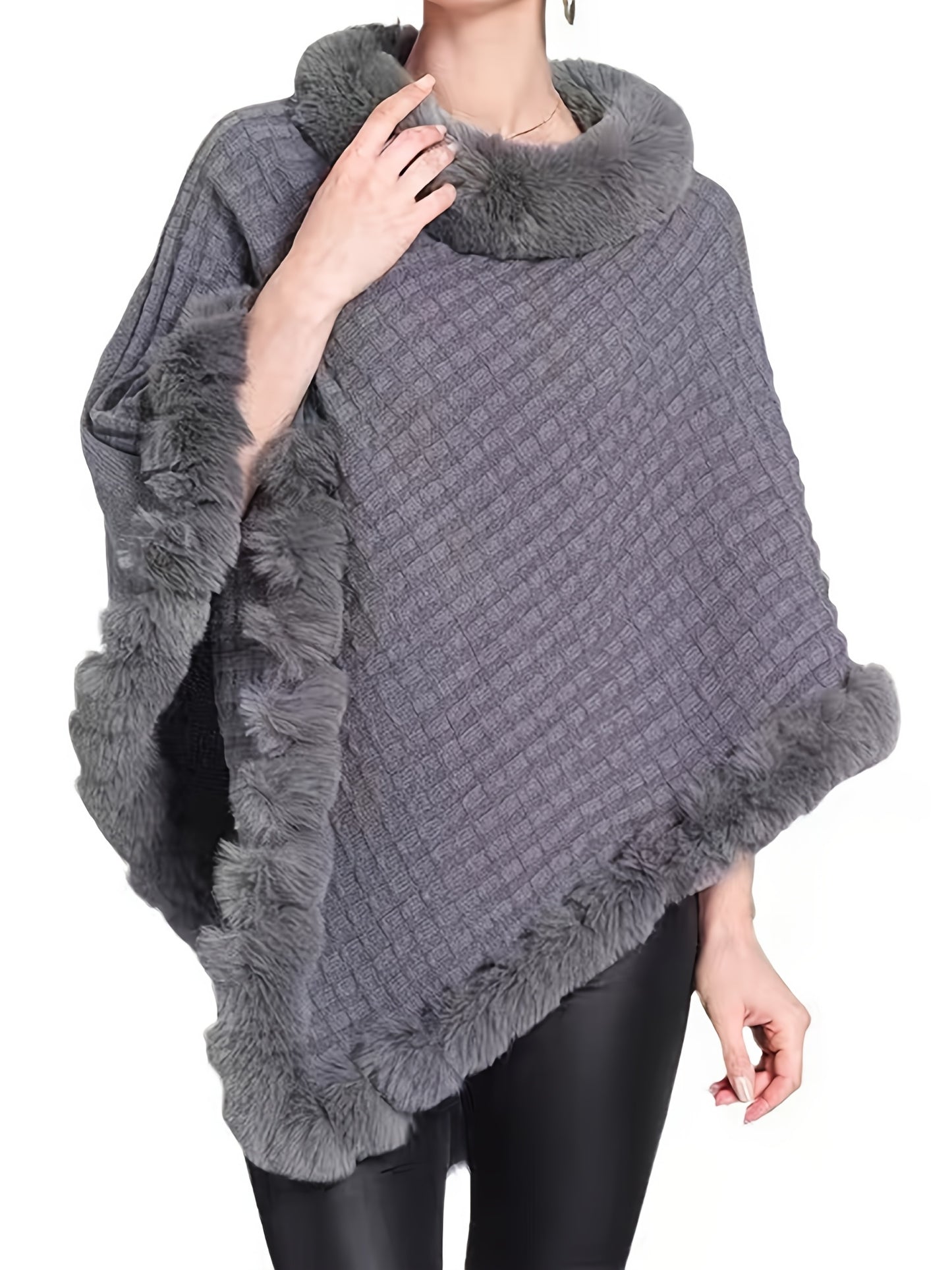 Elegante Dikke Gebreide Coltrui met Nepbont Rand - Chique Effen Kleur Pullover Sjaal Cape voor Vrouwen, Perfect voor Herfst/Winter, Europese en Amerikaanse Stijl, Mode