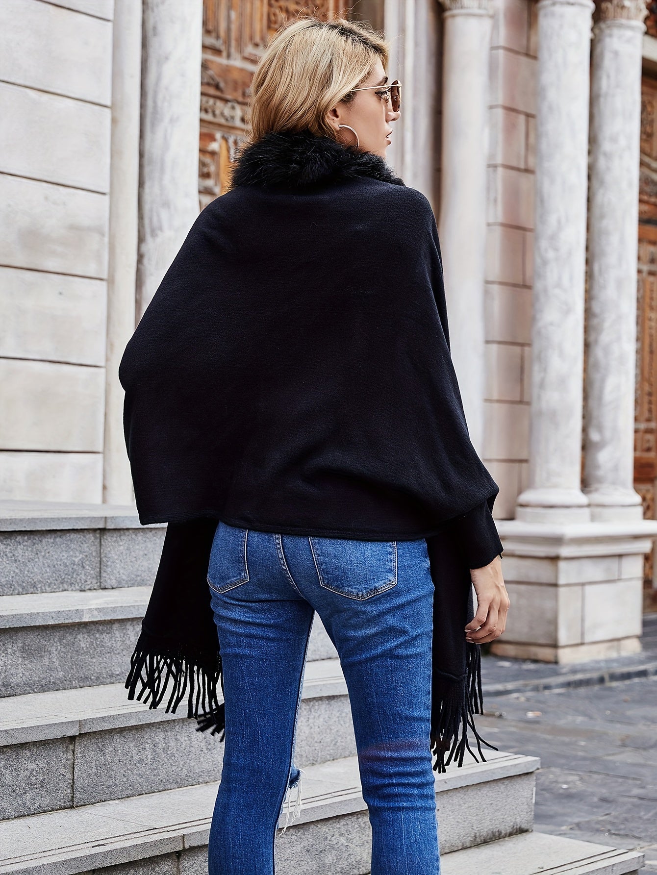 Elegante Fransels Tassel Cardigan Poncho - Vaux faux bontkraag Omslag, Acryl en Polyester Brei Stof Effen Kleur Boot Hals Sjaal voor alle Seizoenen