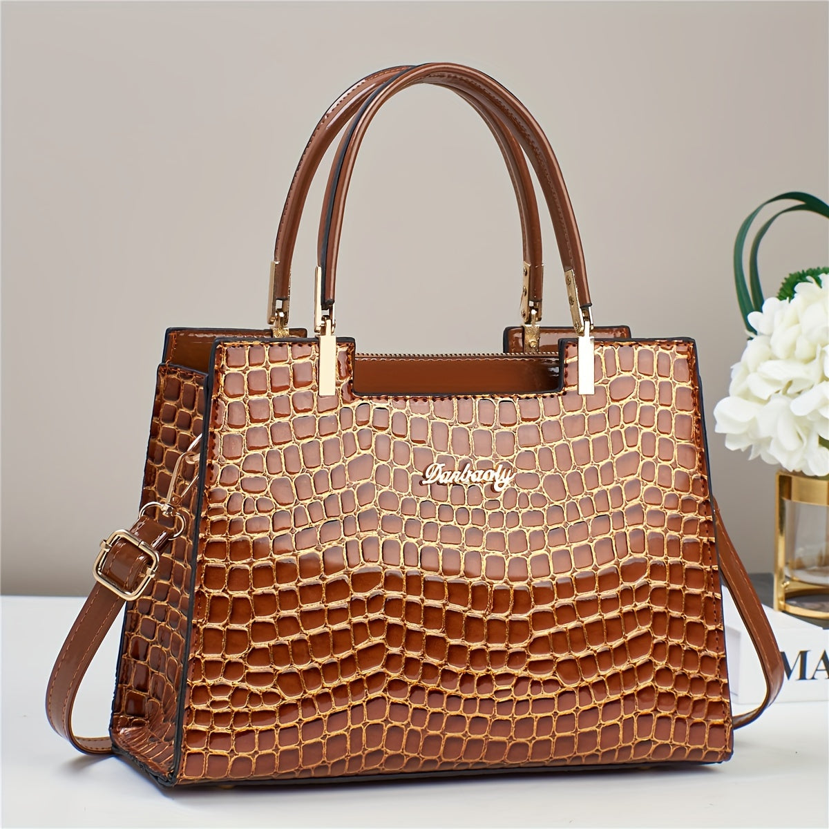 Modieuze, Chique Krokodillen-Reliëf Dameshandtas - Veelzijdige Crossbody & Schoudertas met Verstelbare Riem, Ritssluiting - Verkrijgbaar in Felroze, Khaki, Tan, Wit, Rood, Blauw, Zwart