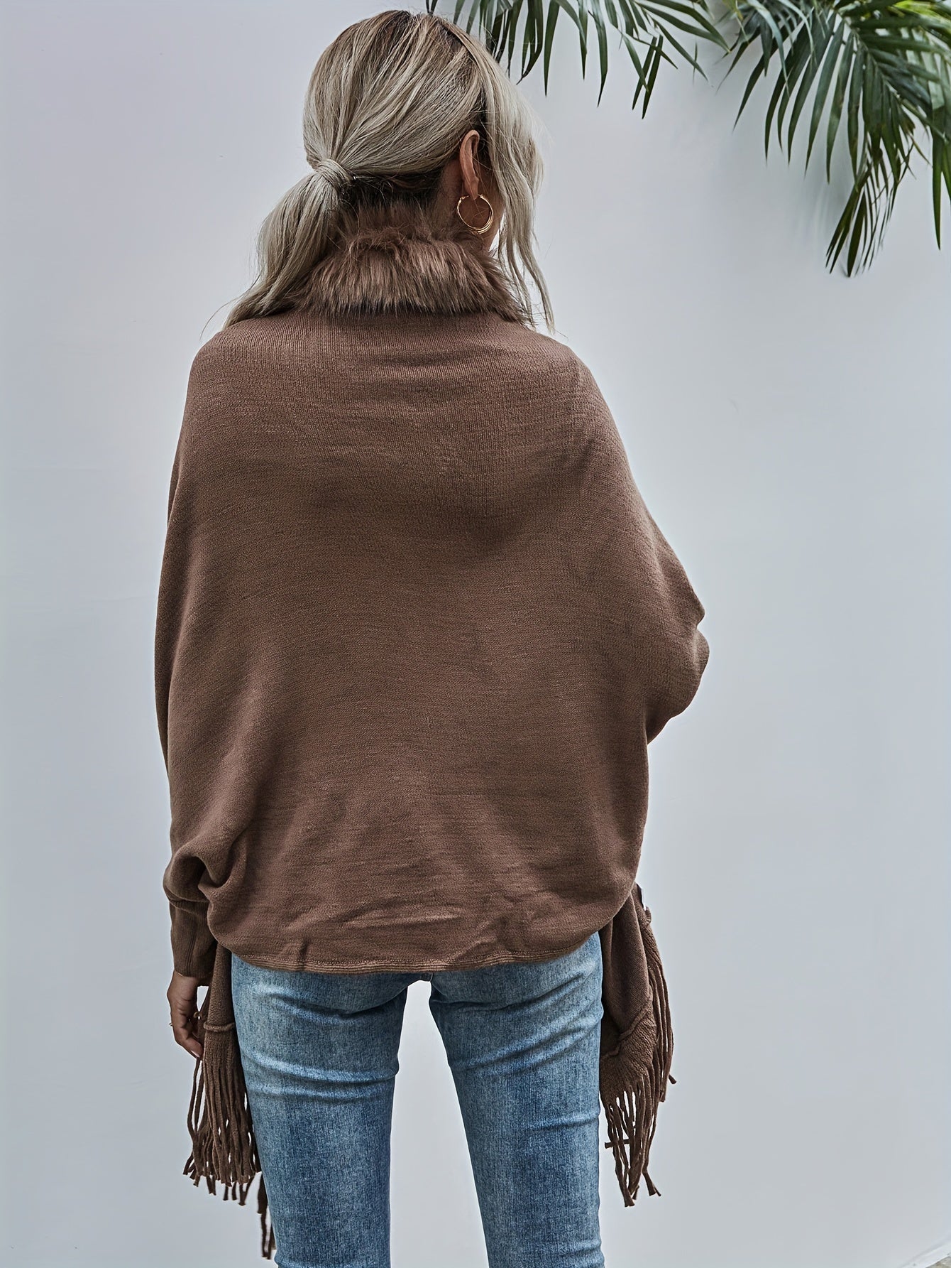 Elegante Fransels Tassel Cardigan Poncho - Vaux faux bontkraag Omslag, Acryl en Polyester Brei Stof Effen Kleur Boot Hals Sjaal voor alle Seizoenen