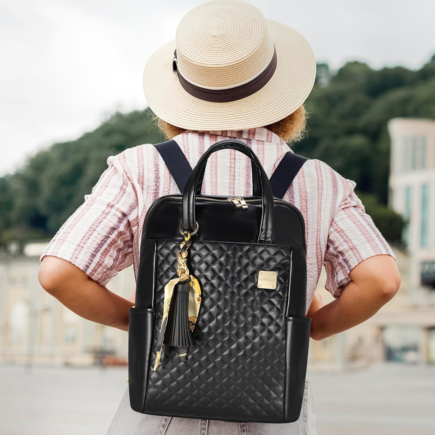 Kamlui Premium Zwarte Kunstlederen Laptop Rugzak - TSA-Compliant, Ritssluiting, Ideaal voor Studenten