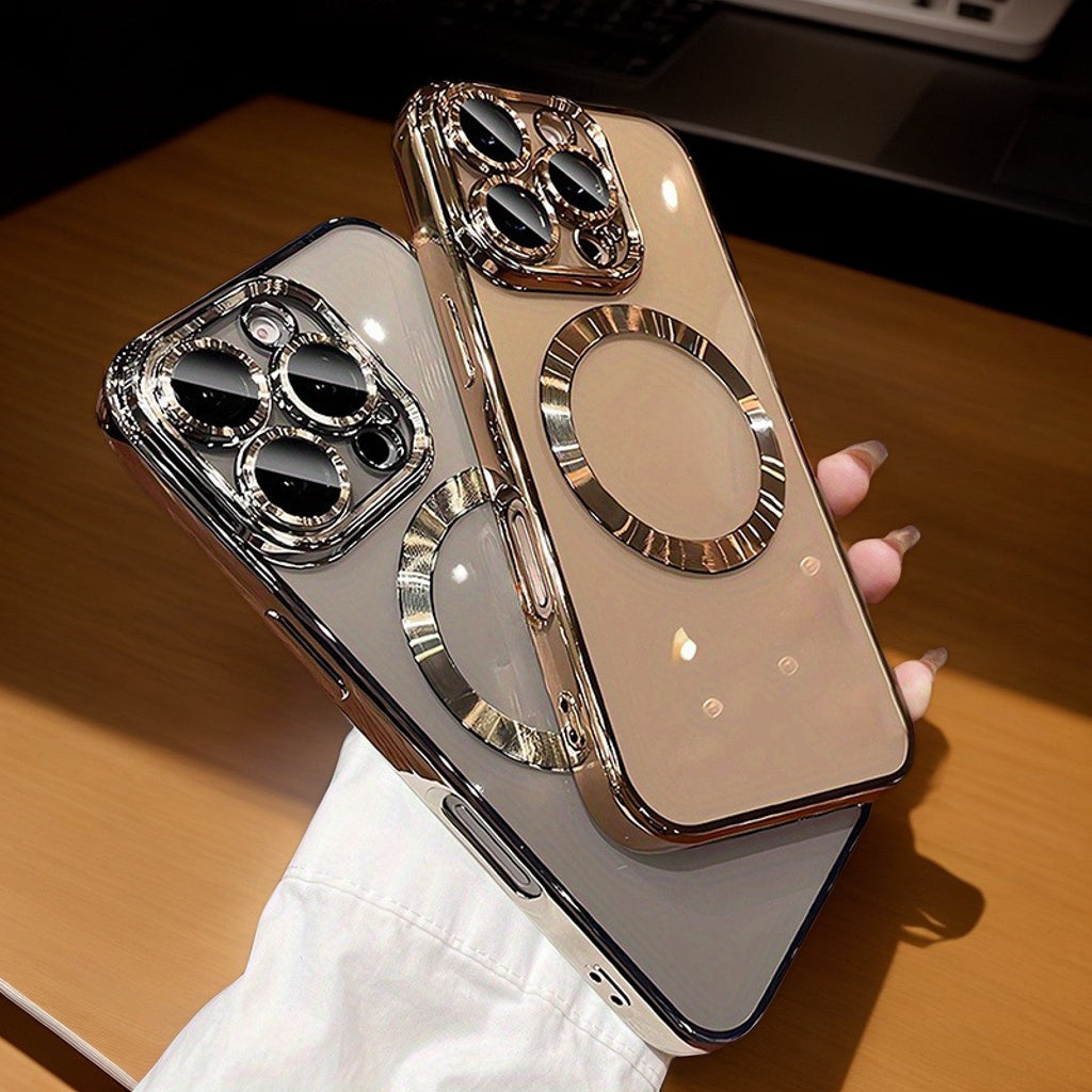 Een luxe metalen telefoonhoesje geschikt voor iPhone 16, 15, 14, 13, 12 en 11 Pro Max Plus, met magnetisch draadloos opladen en schokbestendige lensbescherming van glas.
