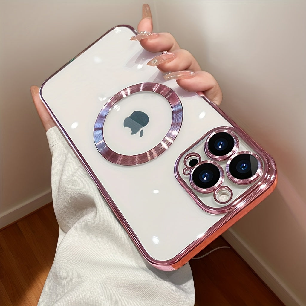 Een luxe metalen telefoonhoesje geschikt voor iPhone 16, 15, 14, 13, 12 en 11 Pro Max Plus, met magnetisch draadloos opladen en schokbestendige lensbescherming van glas.