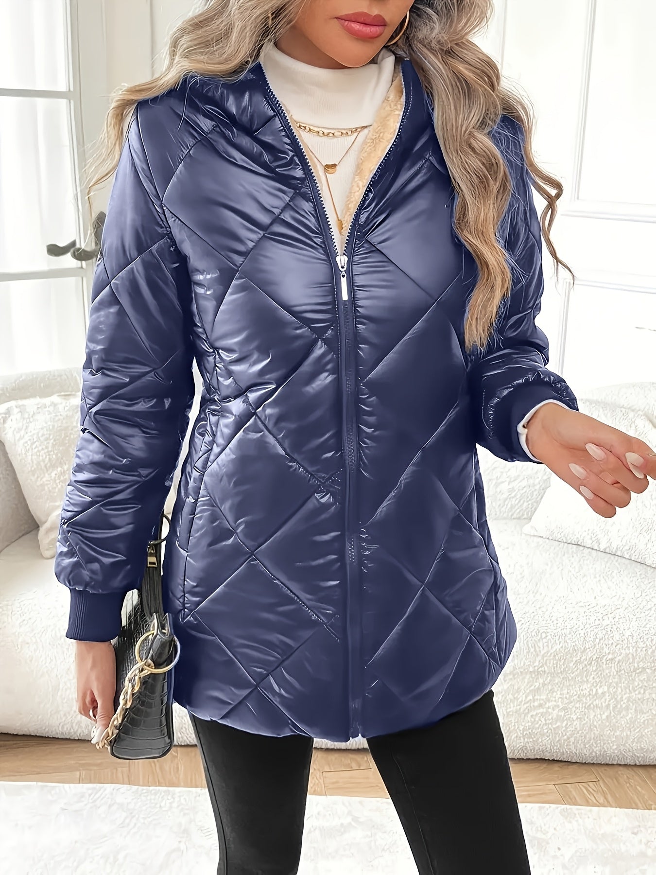 1pc Vrouwen Casual Midi Gewatteerde Jas met Capuchon - Polyester Niet-Rekbare Stof, Effen Kleur, Lange Mouw, Losse H-Pasvorm, Geweven, Geen Riem, Niet Waterdicht, met Zakken