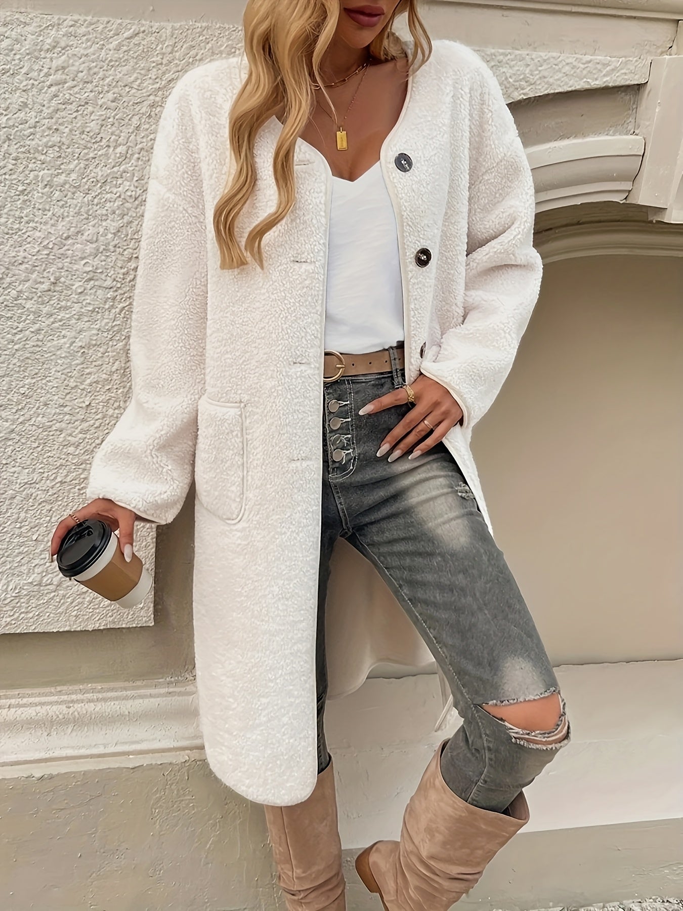 1pc Elegante Koreaanse stijl dames lamswollen jas, effen kleur polyester gebreide stof, knoopdetail, grote zakken, middellange herfst/winter pluche bovenkleding