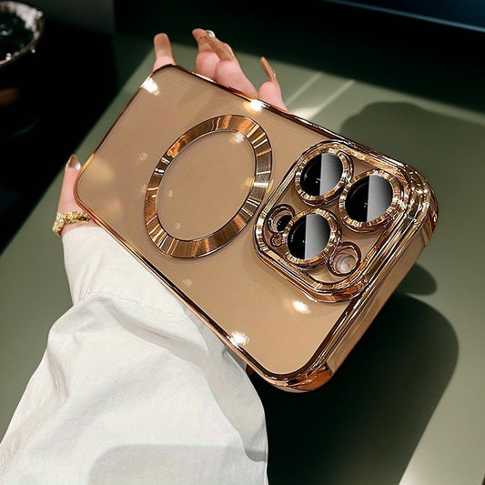Een luxe metalen telefoonhoesje geschikt voor iPhone 16, 15, 14, 13, 12 en 11 Pro Max Plus, met magnetisch draadloos opladen en schokbestendige lensbescherming van glas.