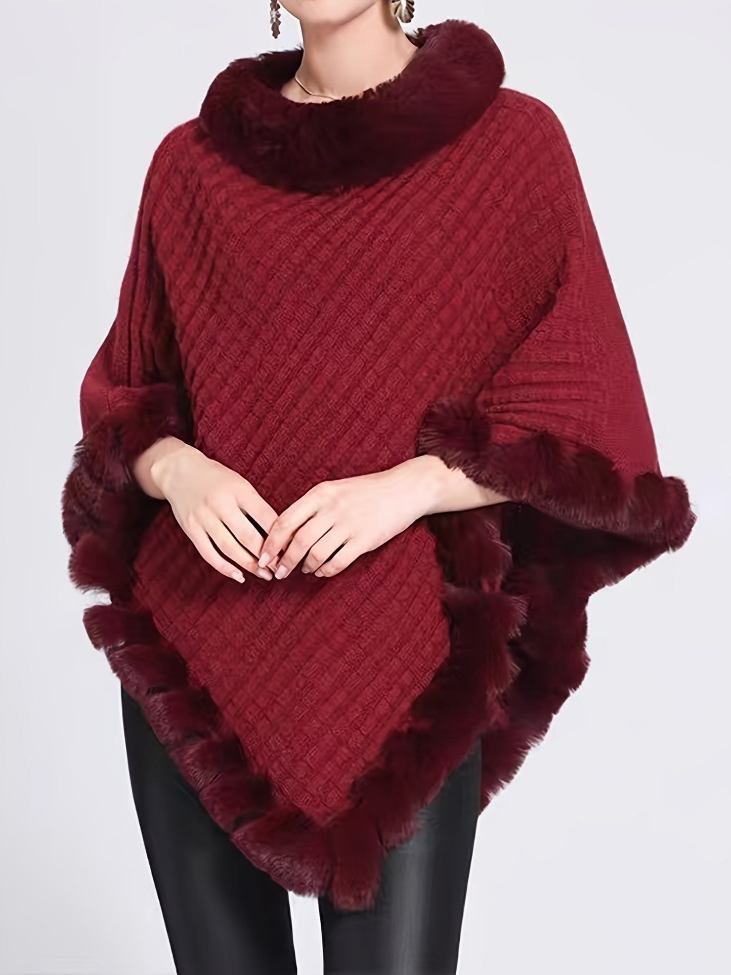 Elegante Dikke Gebreide Coltrui met Nepbont Rand - Chique Effen Kleur Pullover Sjaal Cape voor Vrouwen, Perfect voor Herfst/Winter, Europese en Amerikaanse Stijl, Mode