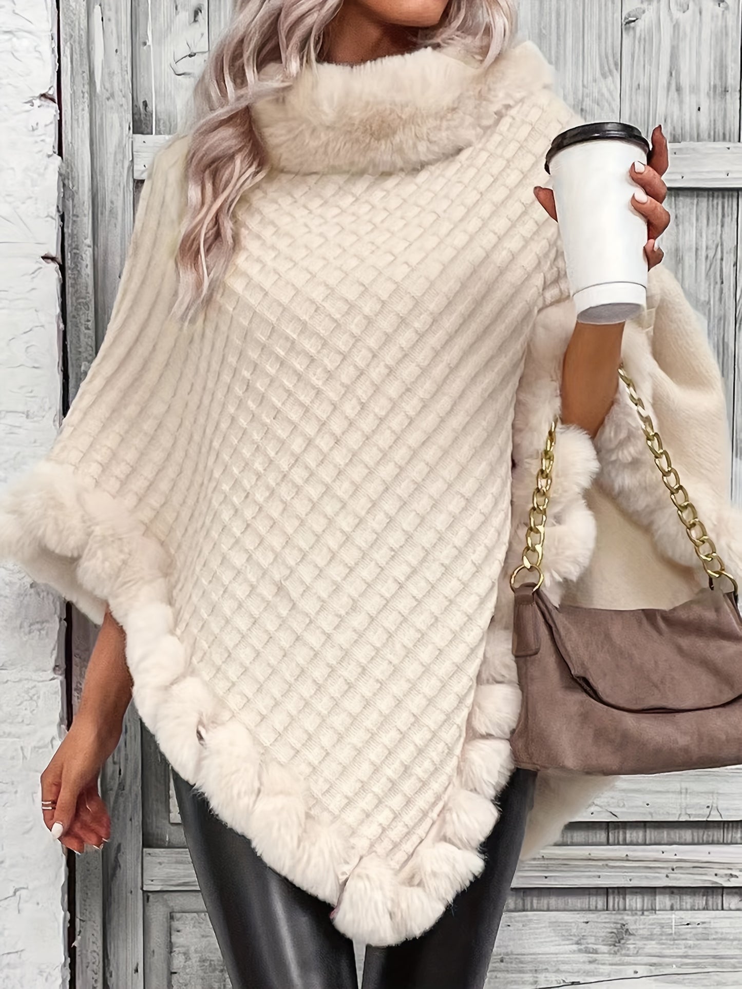 Elegante Dikke Gebreide Coltrui met Nepbont Rand - Chique Effen Kleur Pullover Sjaal Cape voor Vrouwen, Perfect voor Herfst/Winter, Europese en Amerikaanse Stijl, Mode