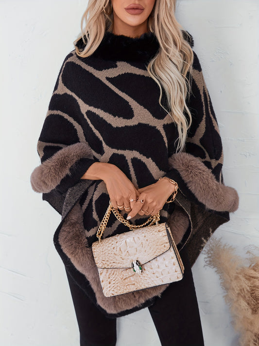 Giraffenhuid Patroon Fuzzy Trim Poncho, Elegante Thermische Zakdoek Zoom Crew Neck Cape Voor Herfst & Winter, Dameskleding
