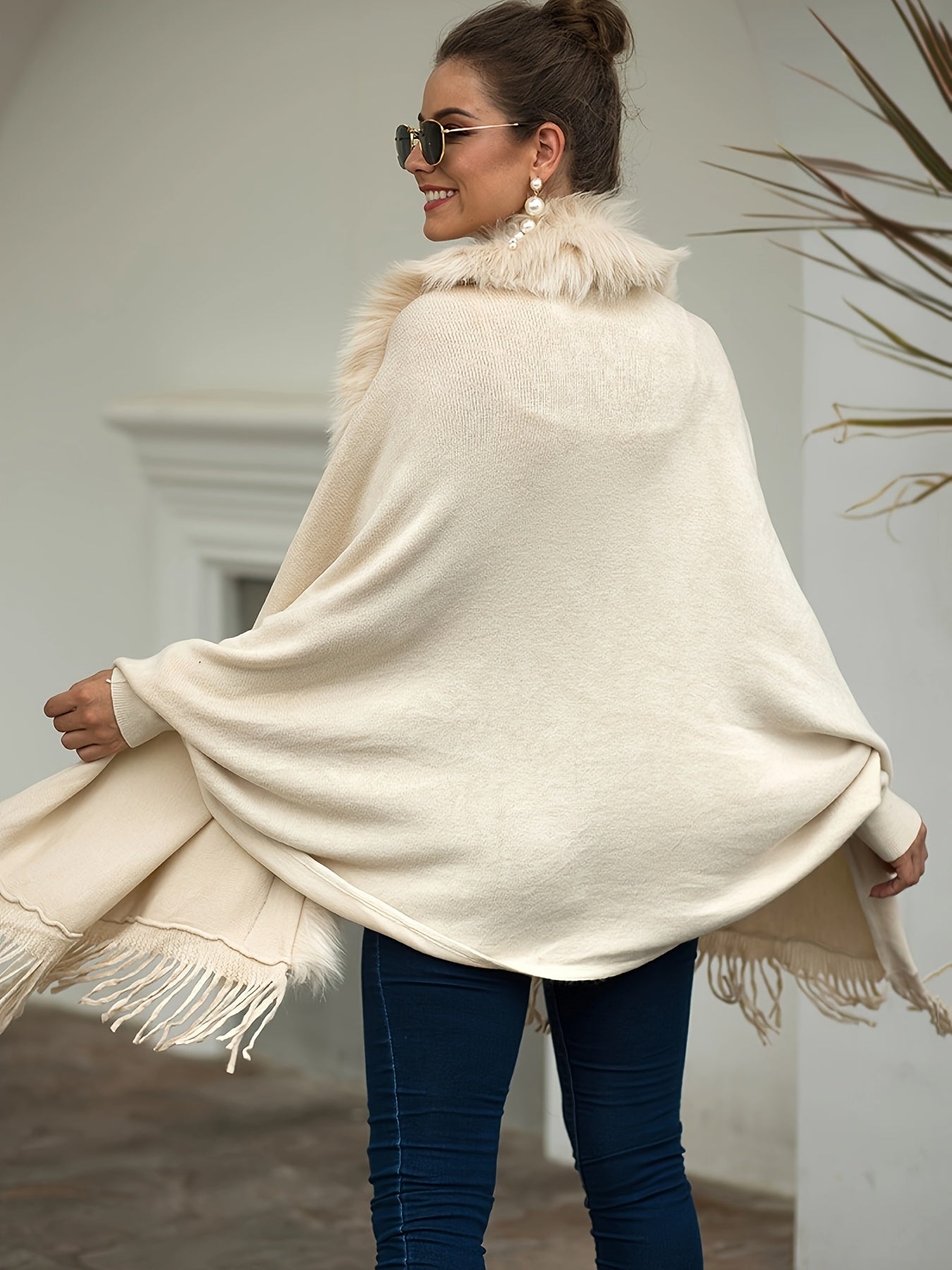 Elegante Fransels Tassel Cardigan Poncho - Vaux faux bontkraag Omslag, Acryl en Polyester Brei Stof Effen Kleur Boot Hals Sjaal voor alle Seizoenen
