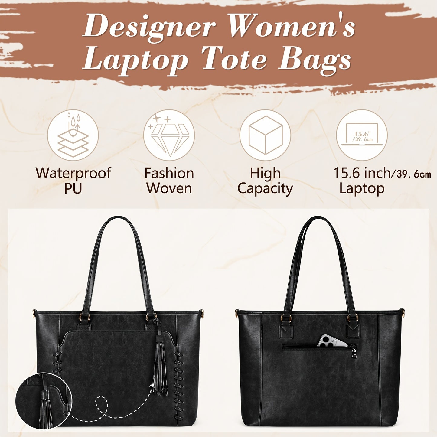Laptoptas 39,6 cm Professionele Werktas, Zakelijke Aktetas voor Kantoor, Reizen, College - Zwart, Dames Tote, Laptoptassen
