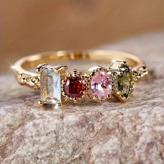 Prachtige Damesring Met Ingelegde Synthetische Edelstenen In Meerdere Kleuren Voor Vrouwen, Geschikt Voor Feesten, Banketten En Als Dagelijkse Casual Accessoire.