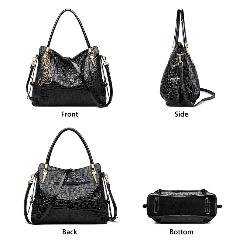 FOXER Sequin Natural Cowhide Classic Handbag Lady Commute Large Capacity Black Tote Women Genuine Leather Crossbody Shoulder Bag