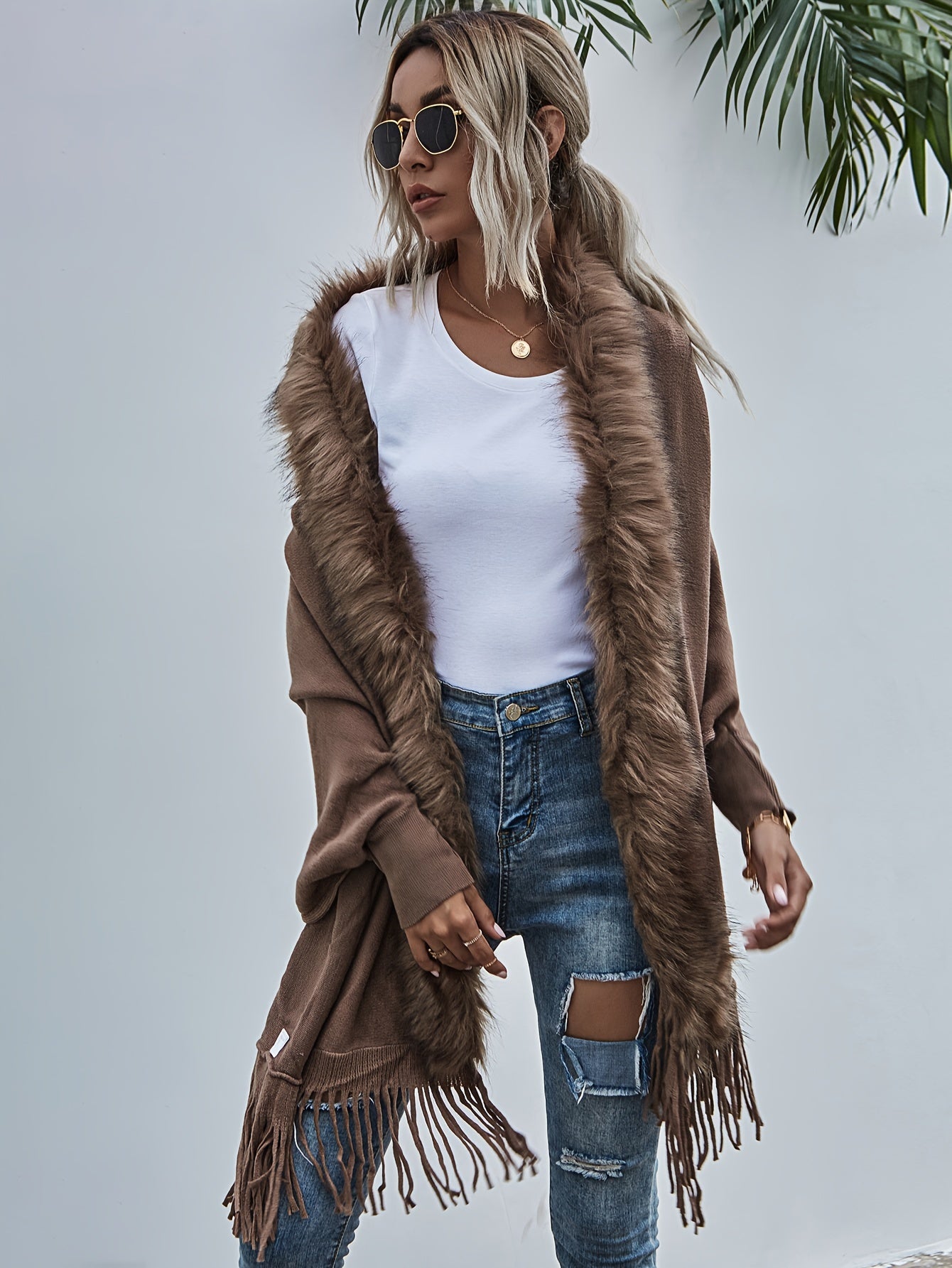 Elegante Fransels Tassel Cardigan Poncho - Vaux faux bontkraag Omslag, Acryl en Polyester Brei Stof Effen Kleur Boot Hals Sjaal voor alle Seizoenen