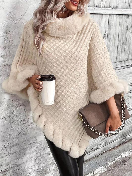 Elegante Dikke Gebreide Coltrui met Nepbont Rand - Chique Effen Kleur Pullover Sjaal Cape voor Vrouwen, Perfect voor Herfst/Winter, Europese en Amerikaanse Stijl, Mode