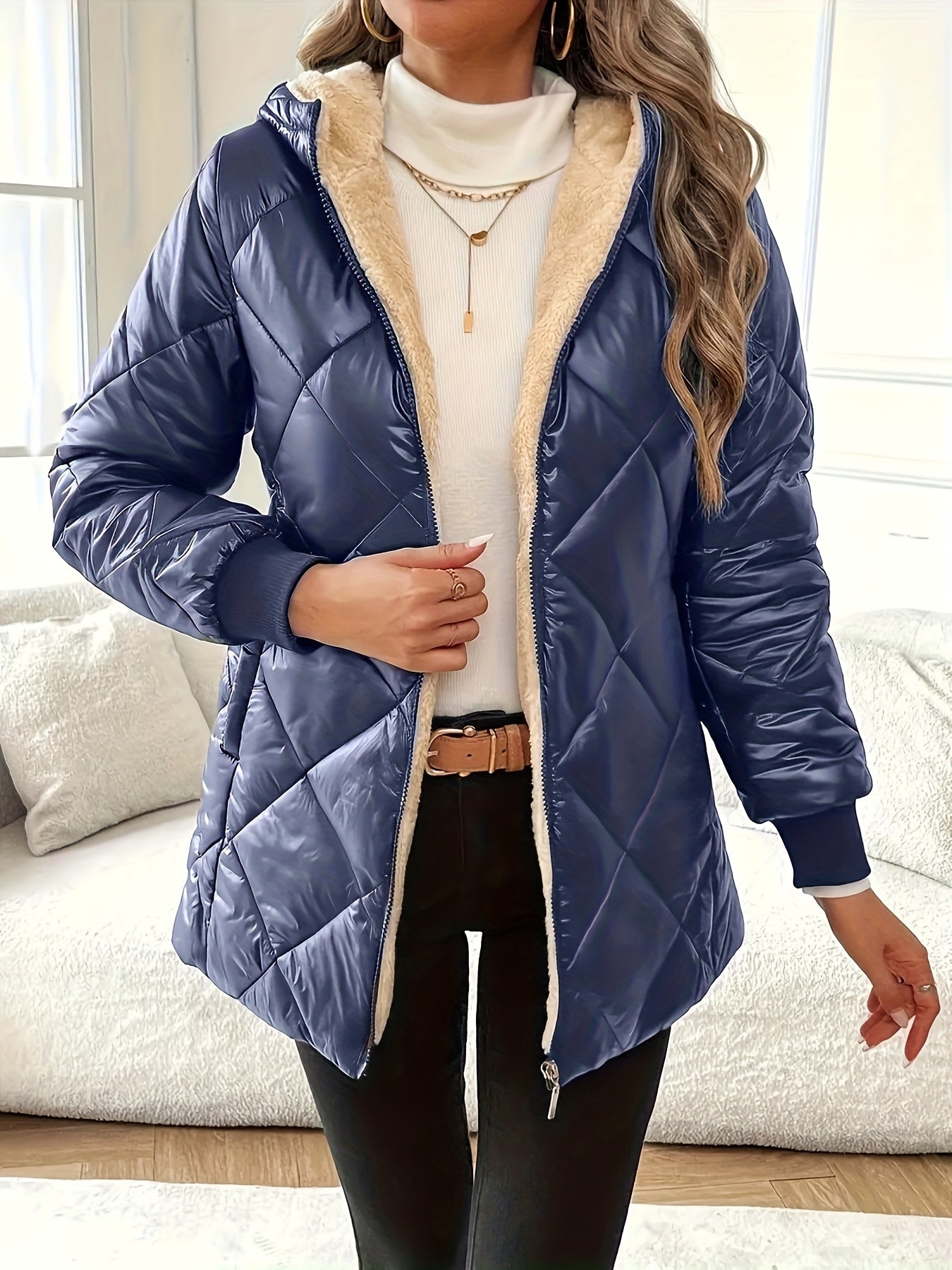 1pc Vrouwen Casual Midi Gewatteerde Jas met Capuchon - Polyester Niet-Rekbare Stof, Effen Kleur, Lange Mouw, Losse H-Pasvorm, Geweven, Geen Riem, Niet Waterdicht, met Zakken