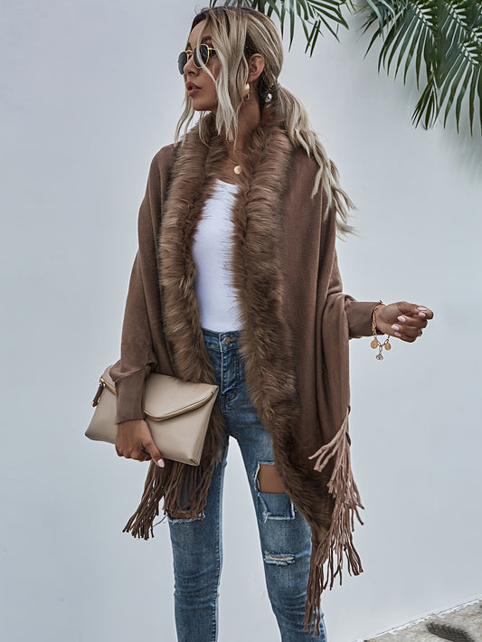 Elegante Fransels Tassel Cardigan Poncho - Vaux faux bontkraag Omslag, Acryl en Polyester Brei Stof Effen Kleur Boot Hals Sjaal voor alle Seizoenen