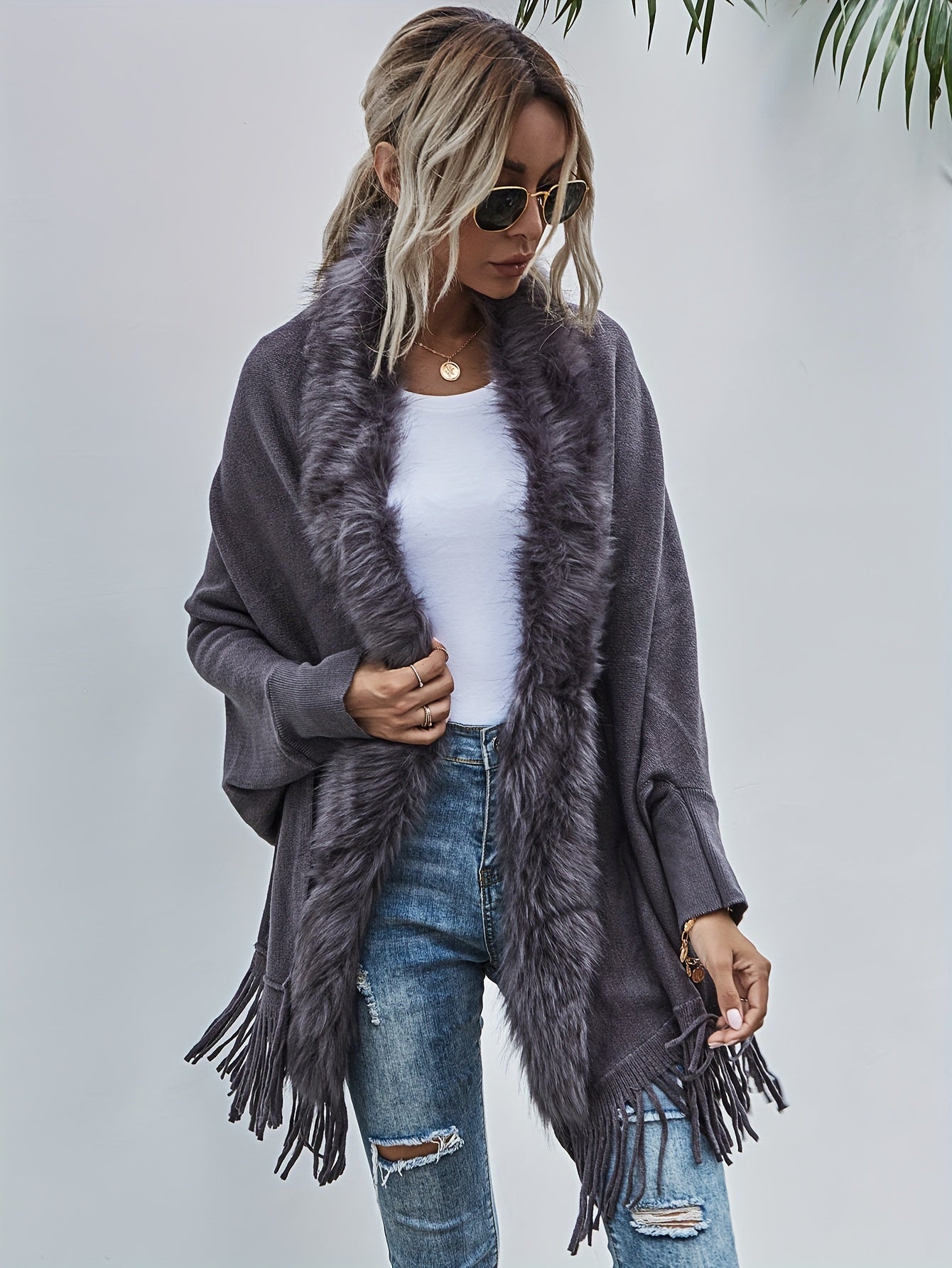 Elegante Fransels Tassel Cardigan Poncho - Vaux faux bontkraag Omslag, Acryl en Polyester Brei Stof Effen Kleur Boot Hals Sjaal voor alle Seizoenen