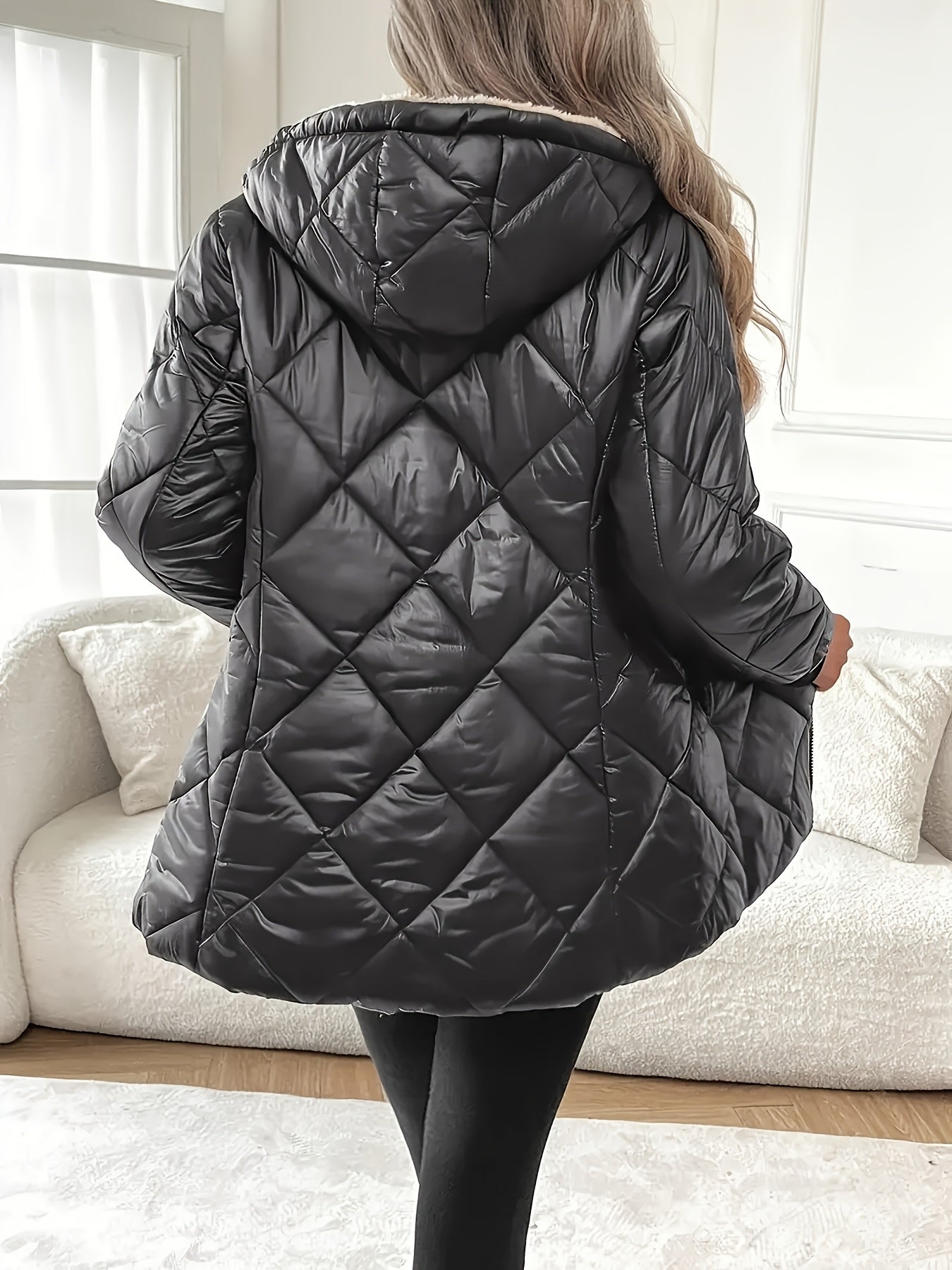 1pc Vrouwen Casual Midi Gewatteerde Jas met Capuchon - Polyester Niet-Rekbare Stof, Effen Kleur, Lange Mouw, Losse H-Pasvorm, Geweven, Geen Riem, Niet Waterdicht, met Zakken