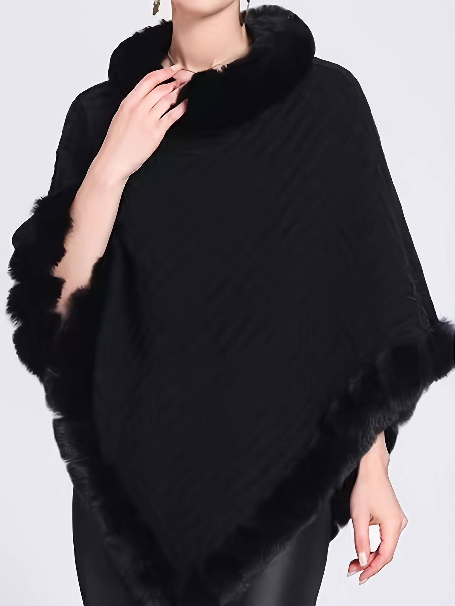 Elegante Dikke Gebreide Coltrui met Nepbont Rand - Chique Effen Kleur Pullover Sjaal Cape voor Vrouwen, Perfect voor Herfst/Winter, Europese en Amerikaanse Stijl, Mode