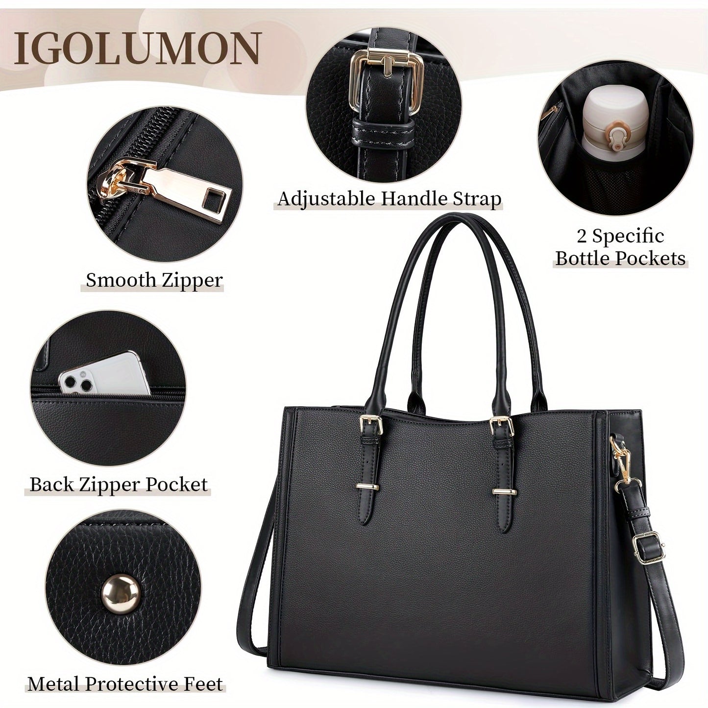 IGOLUMON Dames Laptop Tas 39.62cm - Waterdicht Kunstleer, TSA-Compliant Werk- & Reistas met Schouderriem, Zwart