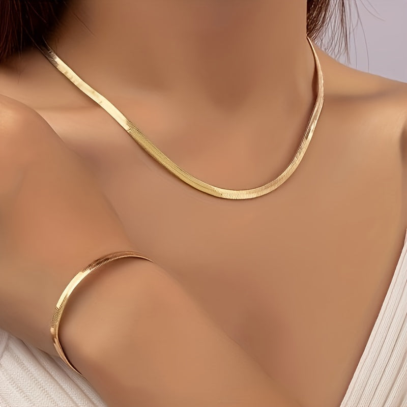 Elegante 2-delige Set, Sexy Eenvoudig Vlak Slangbeen Ketting Halsband en Armband voor Dames, Kunstmatig Mode Jaden voor Dagelijks Draag, Accessoire voor Alle Seizoenen