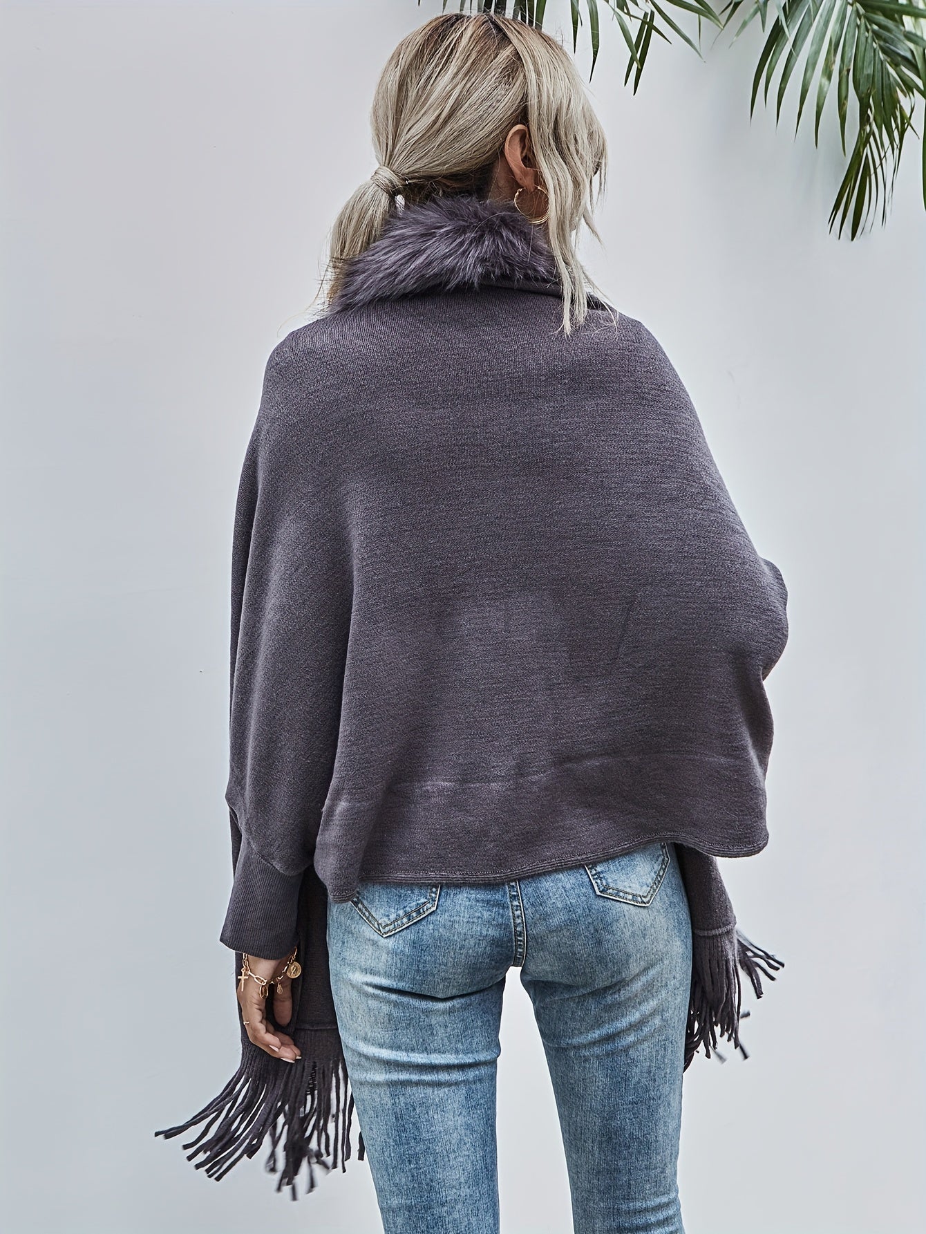 Elegante Fransels Tassel Cardigan Poncho - Vaux faux bontkraag Omslag, Acryl en Polyester Brei Stof Effen Kleur Boot Hals Sjaal voor alle Seizoenen