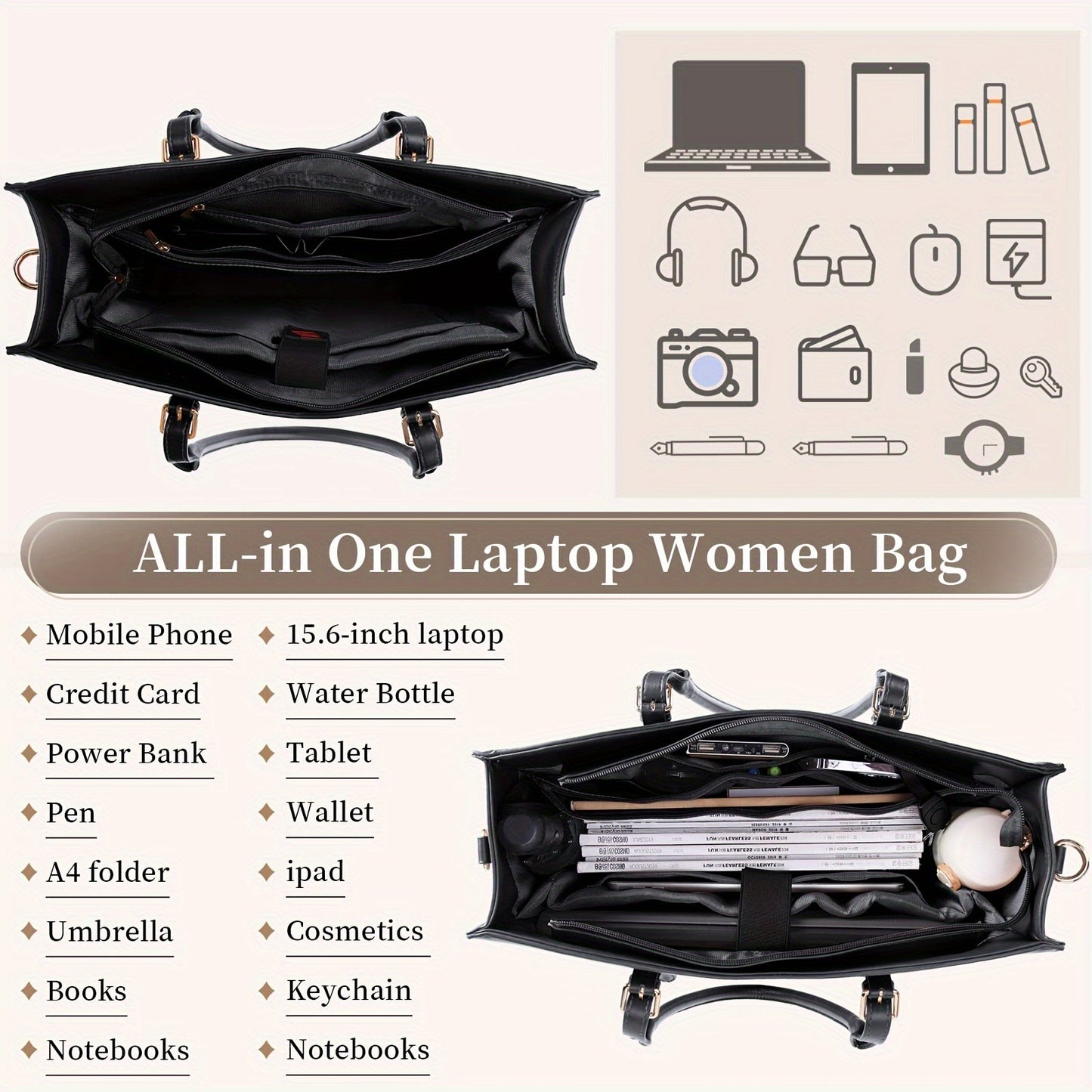 IGOLUMON Dames Laptop Tas 39.62cm - Waterdicht Kunstleer, TSA-Compliant Werk- & Reistas met Schouderriem, Zwart