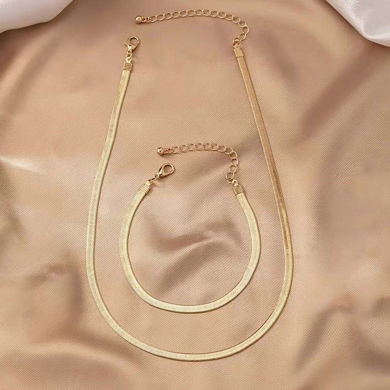Elegante 2-delige Set, Sexy Eenvoudig Vlak Slangbeen Ketting Halsband en Armband voor Dames, Kunstmatig Mode Jaden voor Dagelijks Draag, Accessoire voor Alle Seizoenen