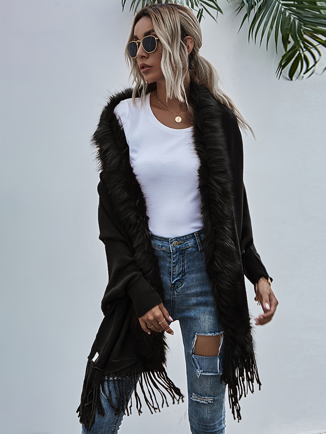 Elegante Fransels Tassel Cardigan Poncho - Vaux faux bontkraag Omslag, Acryl en Polyester Brei Stof Effen Kleur Boot Hals Sjaal voor alle Seizoenen