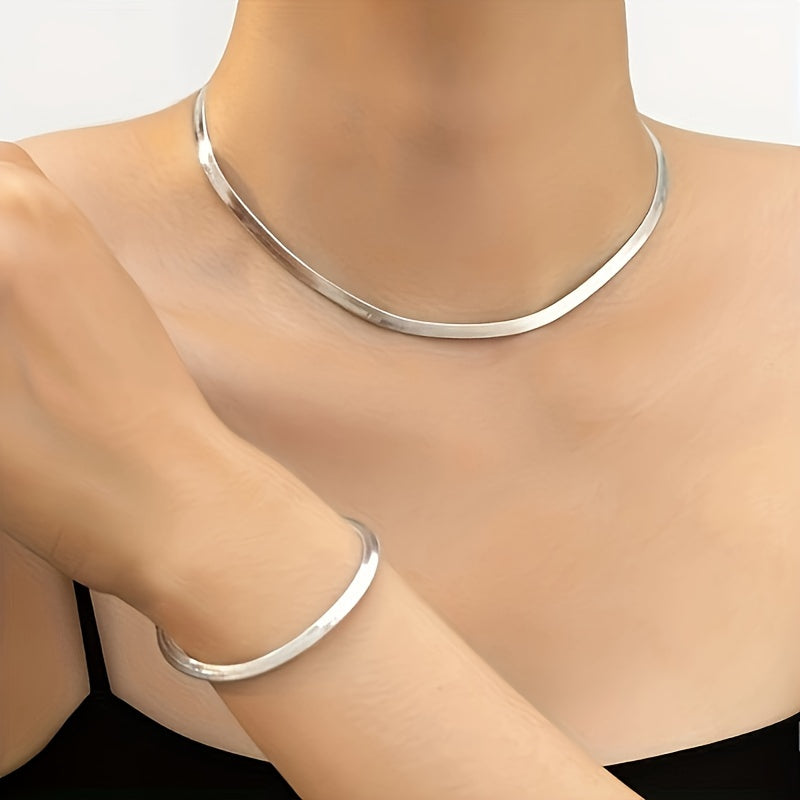 Elegante 2-delige Set, Sexy Eenvoudig Vlak Slangbeen Ketting Halsband en Armband voor Dames, Kunstmatig Mode Jaden voor Dagelijks Draag, Accessoire voor Alle Seizoenen