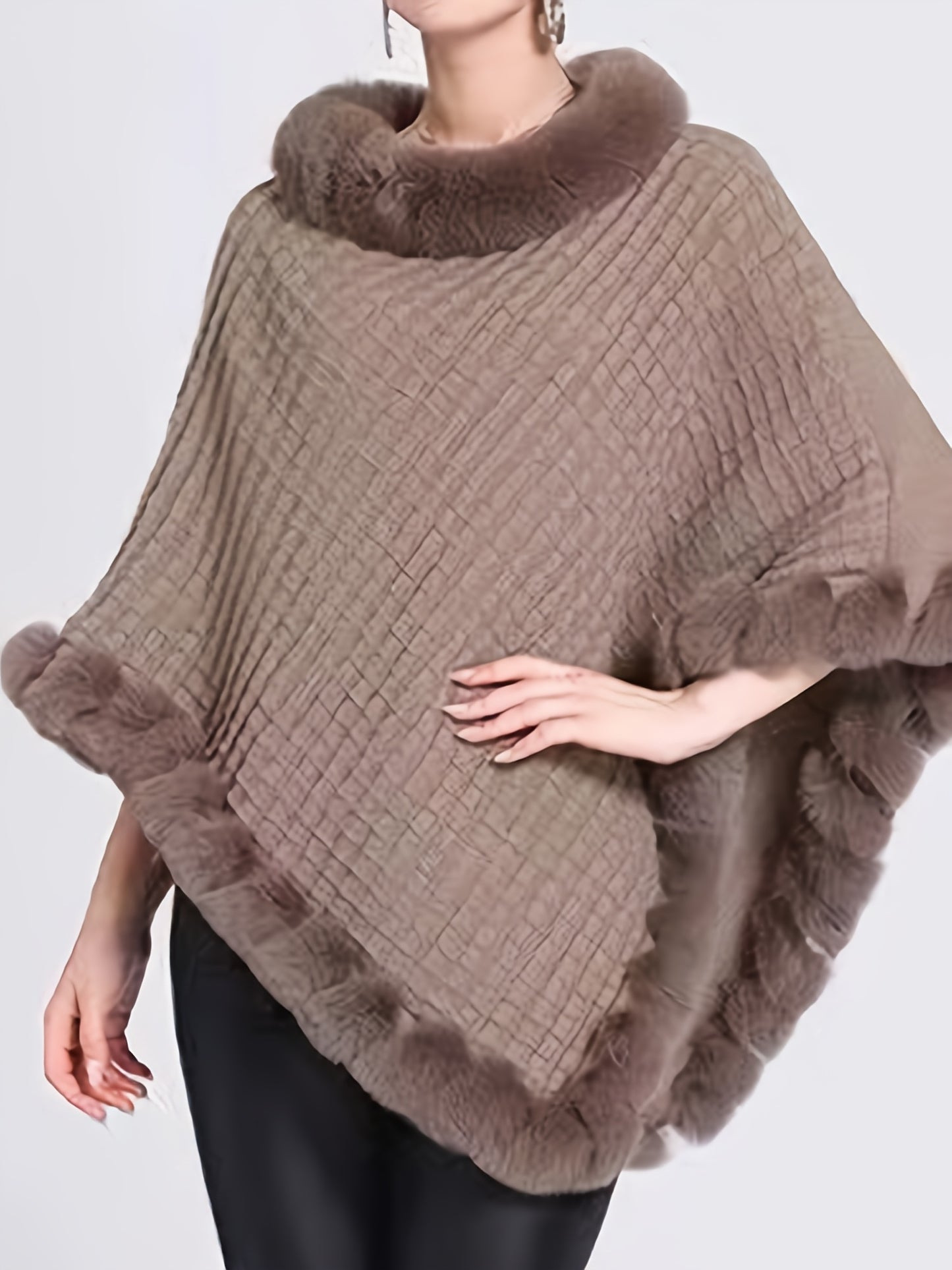 Elegante Dikke Gebreide Coltrui met Nepbont Rand - Chique Effen Kleur Pullover Sjaal Cape voor Vrouwen, Perfect voor Herfst/Winter, Europese en Amerikaanse Stijl, Mode