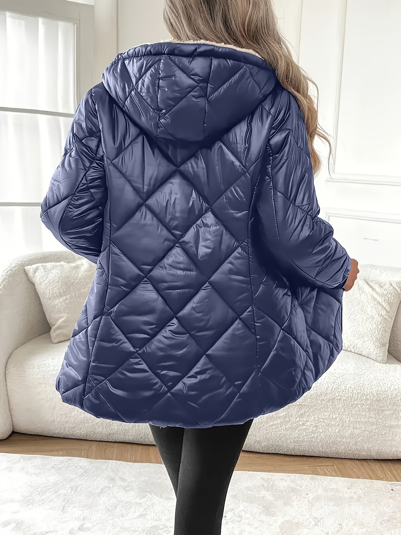 1pc Vrouwen Casual Midi Gewatteerde Jas met Capuchon - Polyester Niet-Rekbare Stof, Effen Kleur, Lange Mouw, Losse H-Pasvorm, Geweven, Geen Riem, Niet Waterdicht, met Zakken