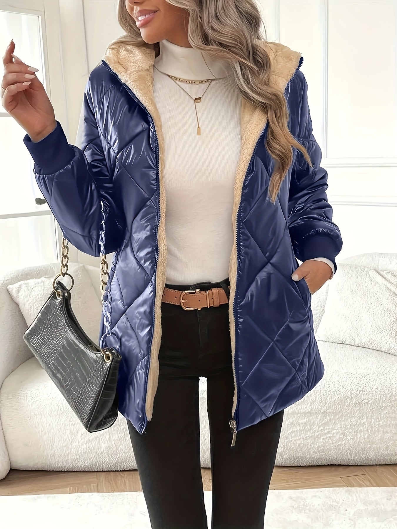 1pc Vrouwen Casual Midi Gewatteerde Jas met Capuchon - Polyester Niet-Rekbare Stof, Effen Kleur, Lange Mouw, Losse H-Pasvorm, Geweven, Geen Riem, Niet Waterdicht, met Zakken