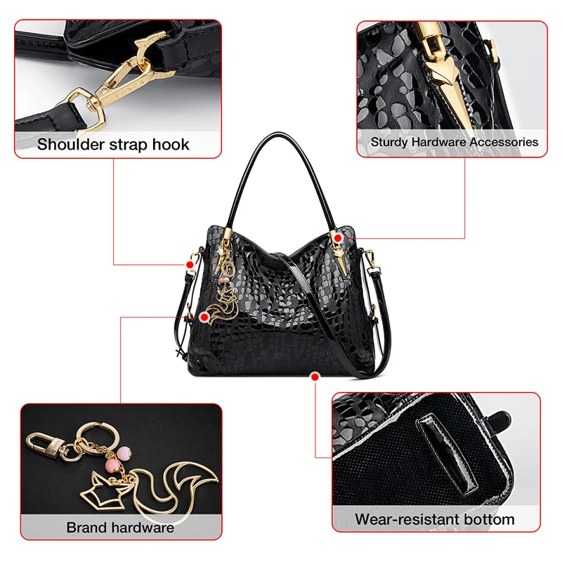 FOXER Sequin Natural Cowhide Classic Handbag Lady Commute Large Capacity Black Tote Women Genuine Leather Crossbody Shoulder Bag
