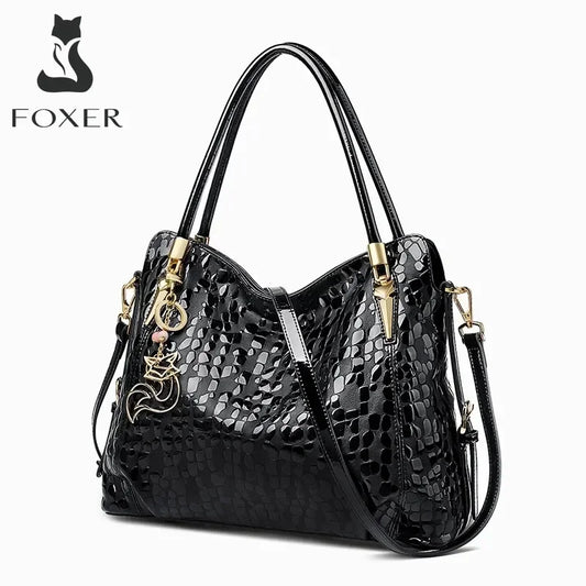 FOXER Sequin Natural Cowhide Classic Handbag Lady Commute Large Capacity Black Tote Women Genuine Leather Crossbody Shoulder Bag