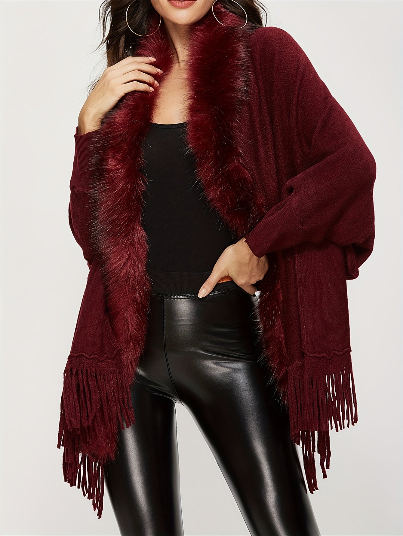Elegante Fransels Tassel Cardigan Poncho - Vaux faux bontkraag Omslag, Acryl en Polyester Brei Stof Effen Kleur Boot Hals Sjaal voor alle Seizoenen