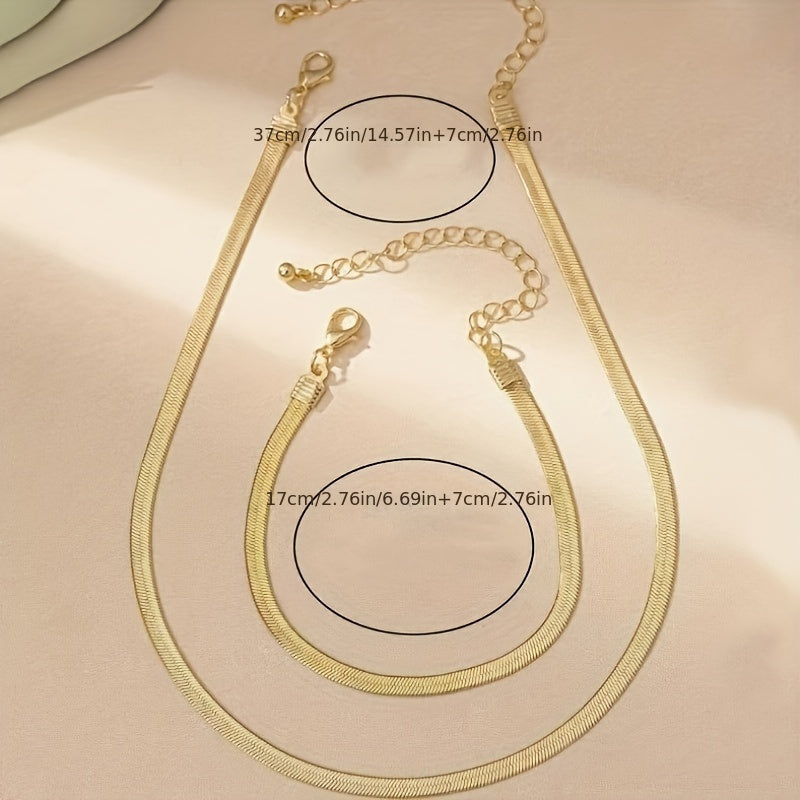 Elegante 2-delige Set, Sexy Eenvoudig Vlak Slangbeen Ketting Halsband en Armband voor Dames, Kunstmatig Mode Jaden voor Dagelijks Draag, Accessoire voor Alle Seizoenen