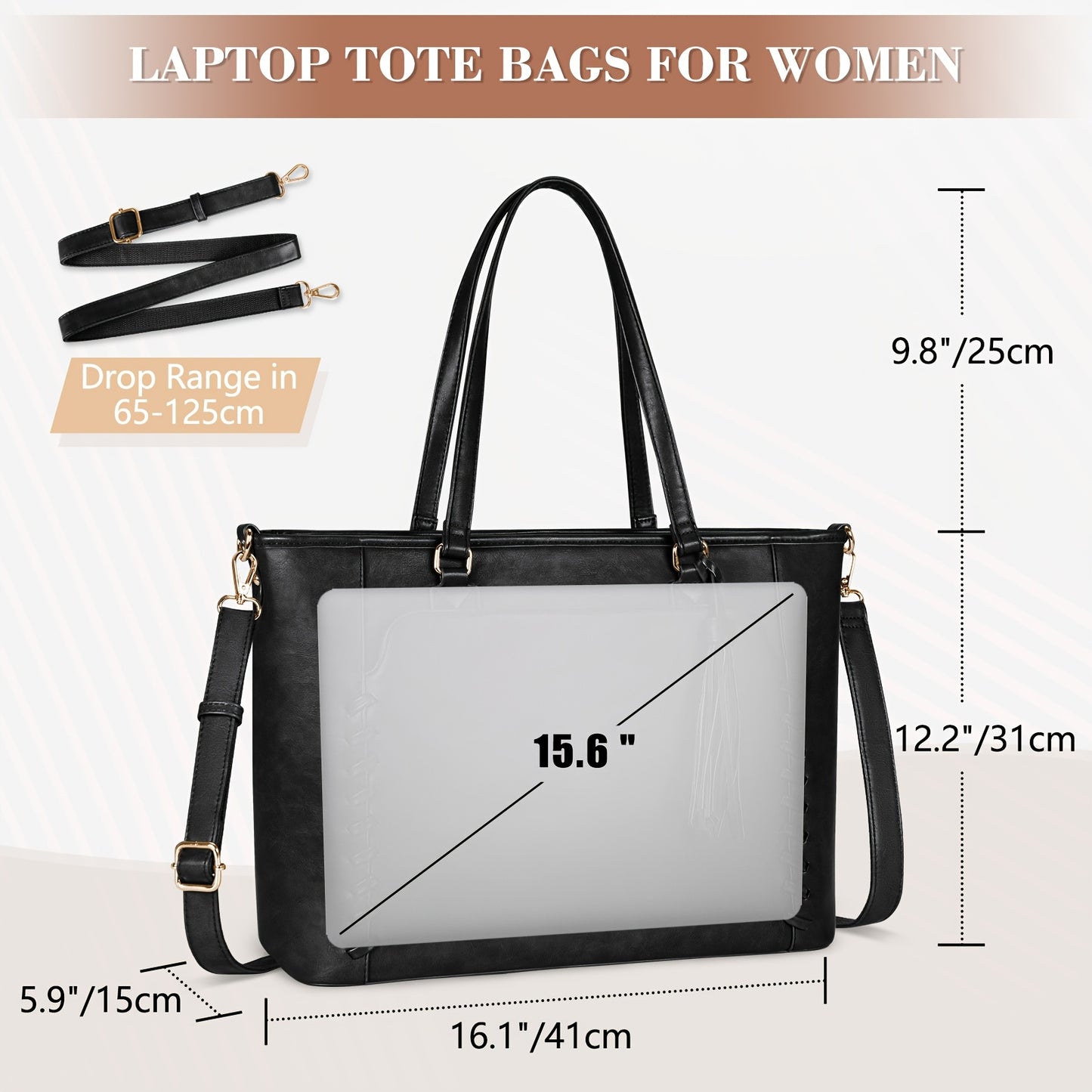 Laptoptas 39,6 cm Professionele Werktas, Zakelijke Aktetas voor Kantoor, Reizen, College - Zwart, Dames Tote, Laptoptassen