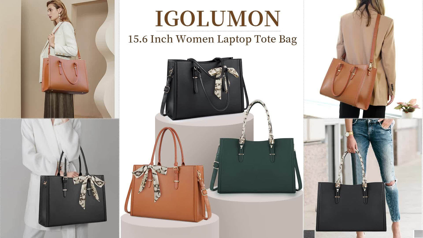 IGOLUMON Dames Laptop Tas 39.62cm - Waterdicht Kunstleer, TSA-Compliant Werk- & Reistas met Schouderriem, Zwart