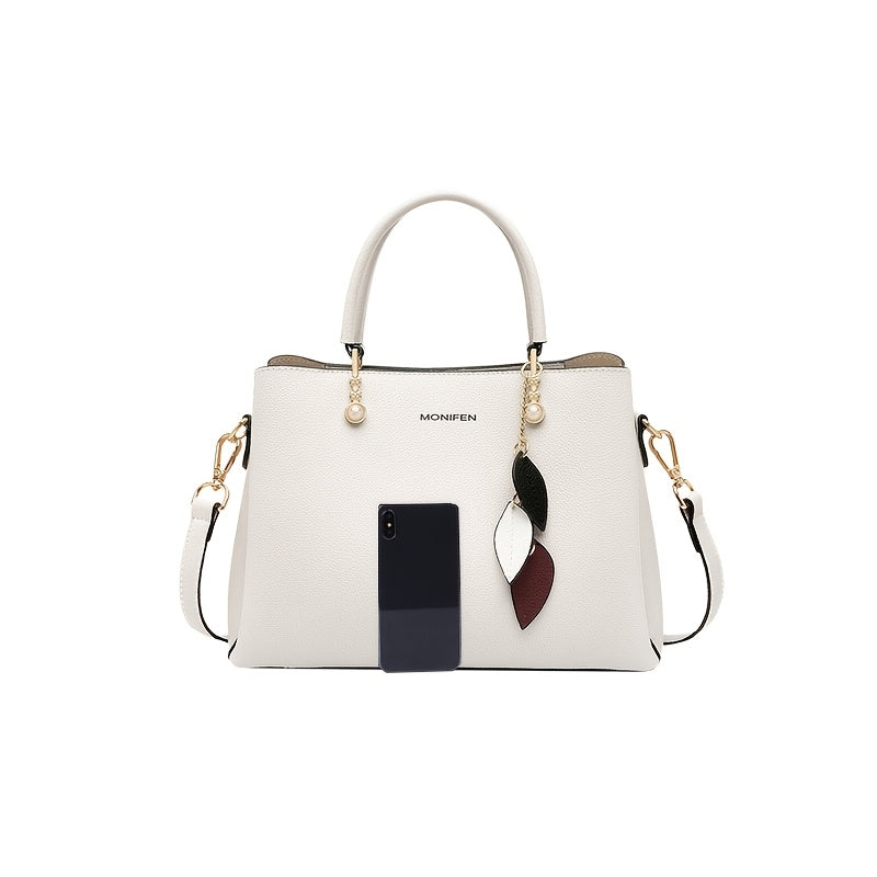 [1 st. Luxe schoudertas van echte leer] Avant Garde echte leer bovenhandtas, effen kleur, waterbestendig, ritsvergrendering, stofgevoerd, met afneembare riem, randverf detail, voor dames schoudertas, gelegenheidklaar, gemaakt in Guangzhou